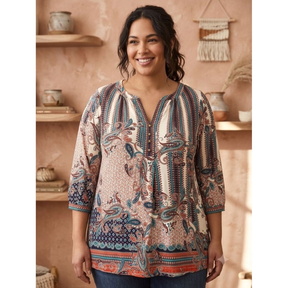 Rose + Olive Women 1X Paisley Henley Tunic Top Boho Stretch 3/4 Sleeve Blouse